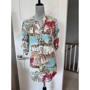 PJ Salvage Women XS Tropical Postcard Print Rayon Shirt Dress Drawstring Waist